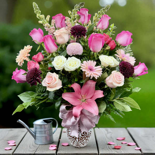 Pink and white mixed flower arrangement in a patterned vase with a ribbon