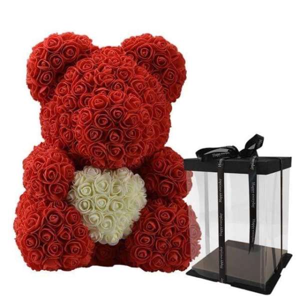 Red rose teddy bear with a clear gift box