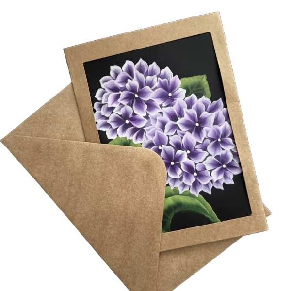 Hand painted card with purple hydrangeas