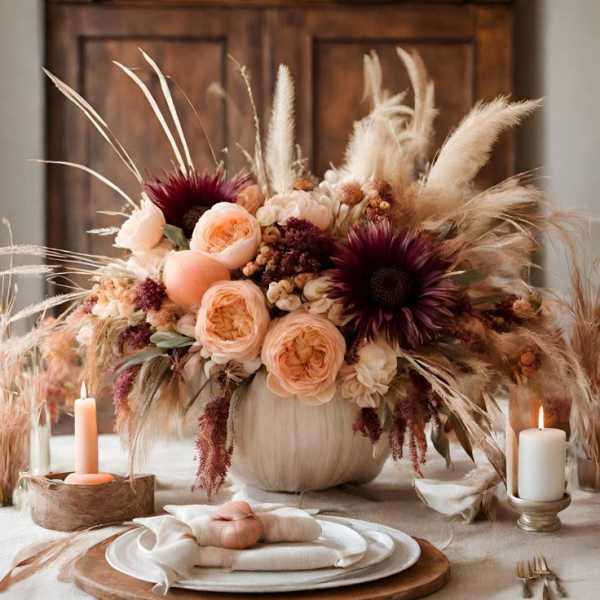 Large peach and burgundy floral centerpiece in a white vase with candles