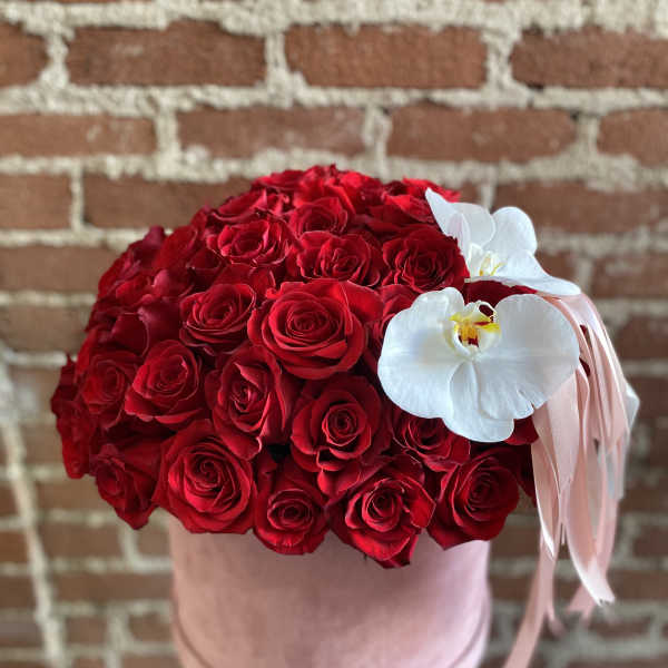 Round pink box of red roses topped with white orchids and pink ribbons against a brick wall.