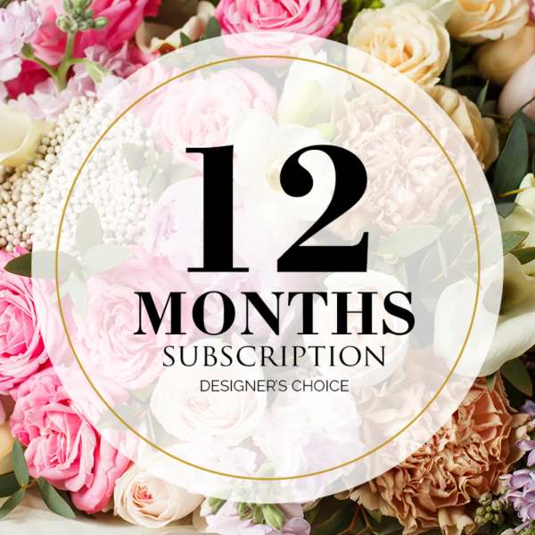 Pink and cream roses with carnations behind a 12 months subscription label