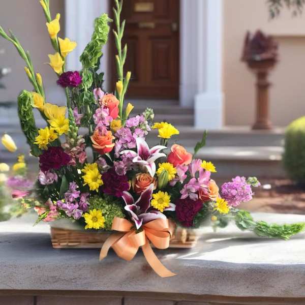 Colorful mixed flower arrangement in a basket with a peach ribbon