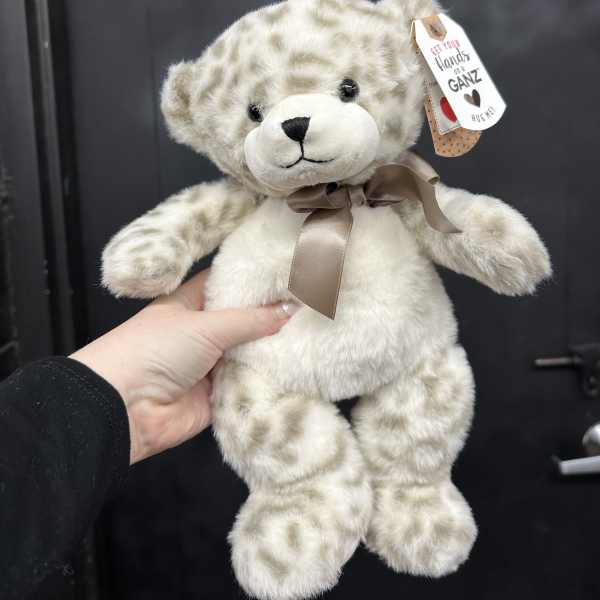 Plush teddy bear with a ribbon bow and hanging tag