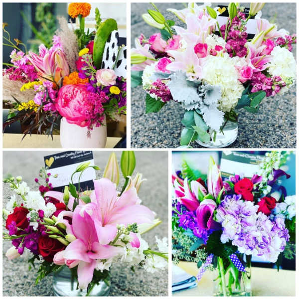 Collage of colorful mixed flower bouquets in glass vases