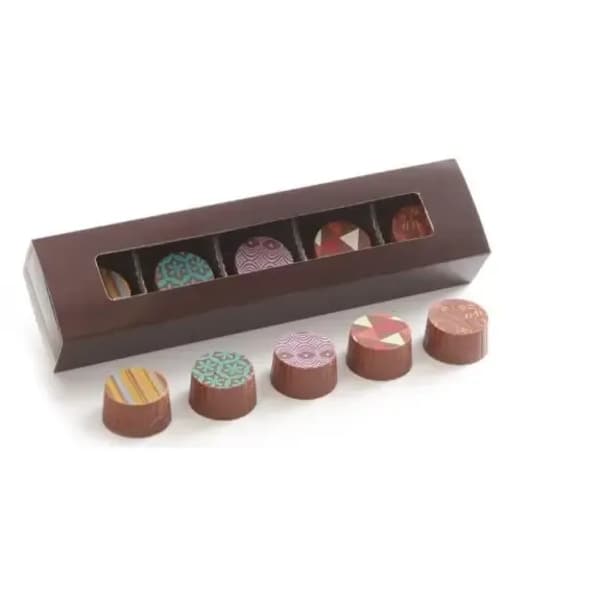 Box of assorted chocolates with patterned tops