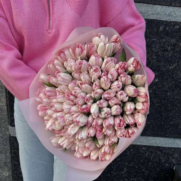 Bouquet of pink and white tulips wrapped in pale pink paper