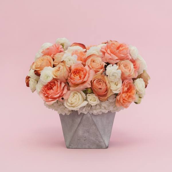 Peach and white roses arranged in a gray square vase