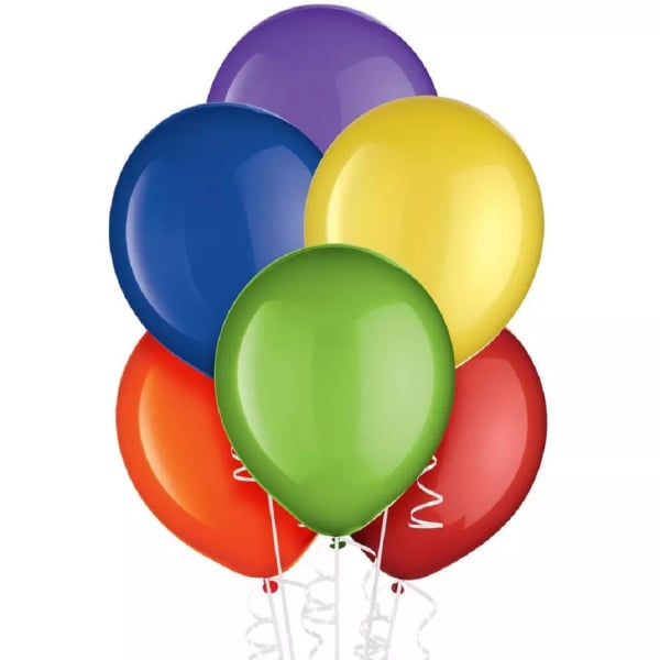 Cluster of colorful balloons with curling ribbons