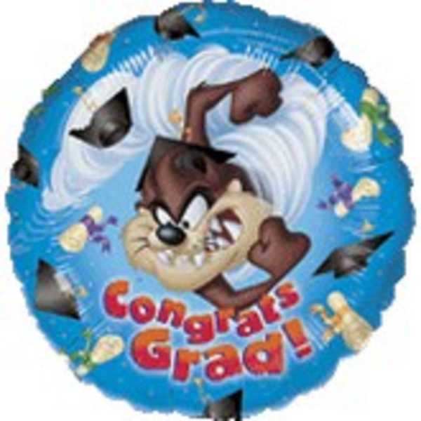 Round graduation balloon with Taz and "Congrats Grad!" text