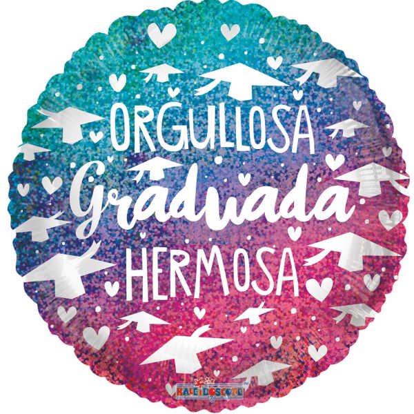 Round graduation balloon with Spanish text and cap icons