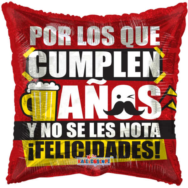 Red foil balloon with Spanish birthday text and a beer mug graphic