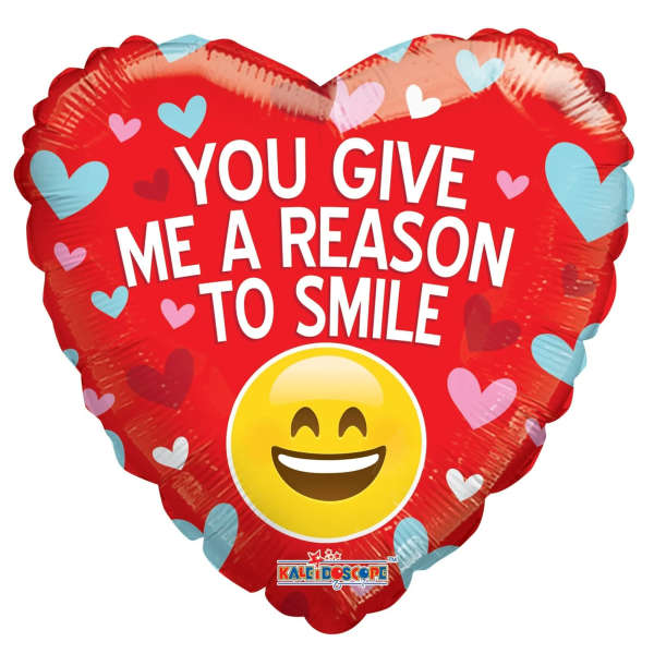 Heart-shaped red foil balloon with hearts and smiley face text