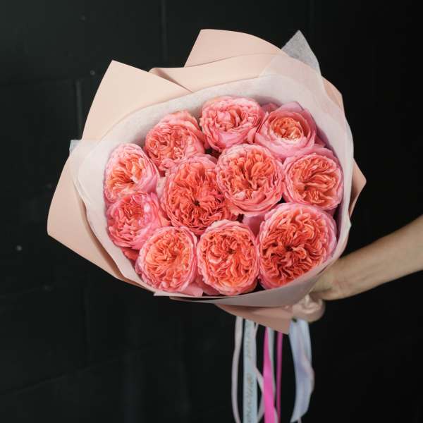 Bouquet of pink roses wrapped in pale pink paper