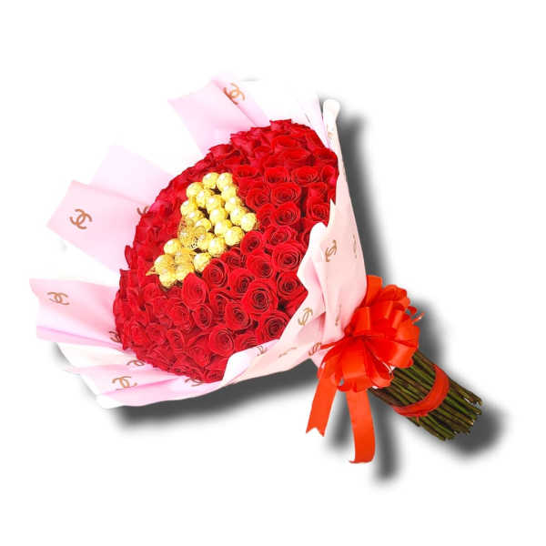 Large bouquet of red roses wrapped in pink paper with gold chocolates in a heart shape