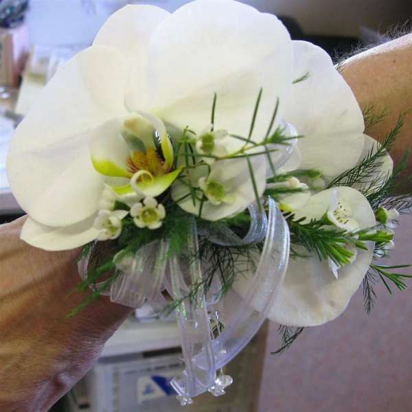 White orchid corsage with ribbon and greenery