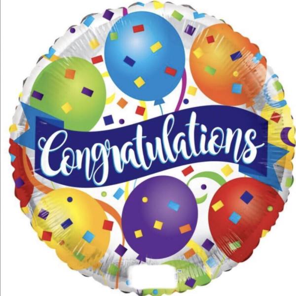 Round balloon with colorful confetti and the word Congratulations