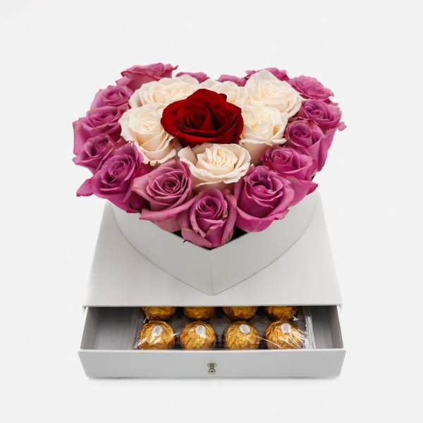 Mixed Roses Heart & Chocolates In a White Cube Box By Atlanta's Finest Flowers