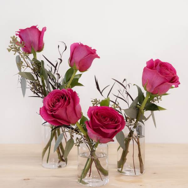 Pink roses in small clear glass vases on a wooden surface