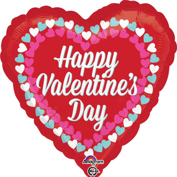 Heart-shaped red Valentine’s Day balloon with colorful heart border