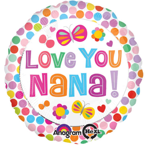 Round balloon with colorful polka dots and "Love You Nana" text