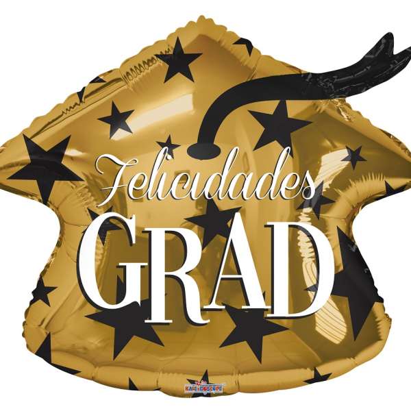 Gold graduation balloon with black stars and "Felicidades GRAD" text
