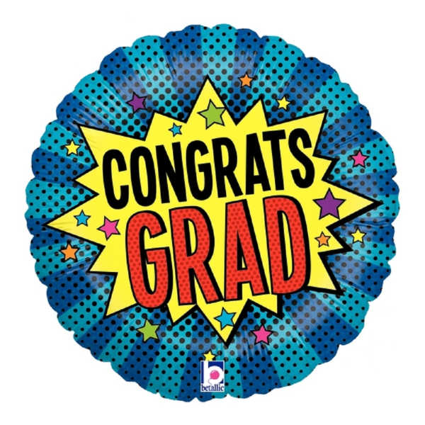 Round blue foil balloon with "Congrats Grad" text and stars