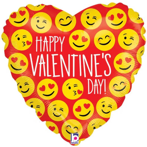 Heart-shaped red Valentine’s Day balloon with emoji faces and text