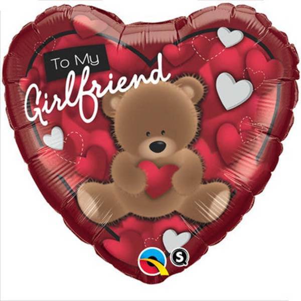 Heart-shaped red balloon with a teddy bear and "To My Girlfriend" text