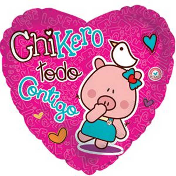 Heart-shaped pink balloon with a cartoon pig and "Chikero todo contigo" text