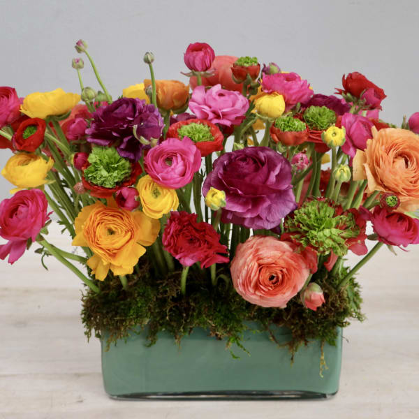 Colorful ranunculus arrangement in a rectangular glass vase