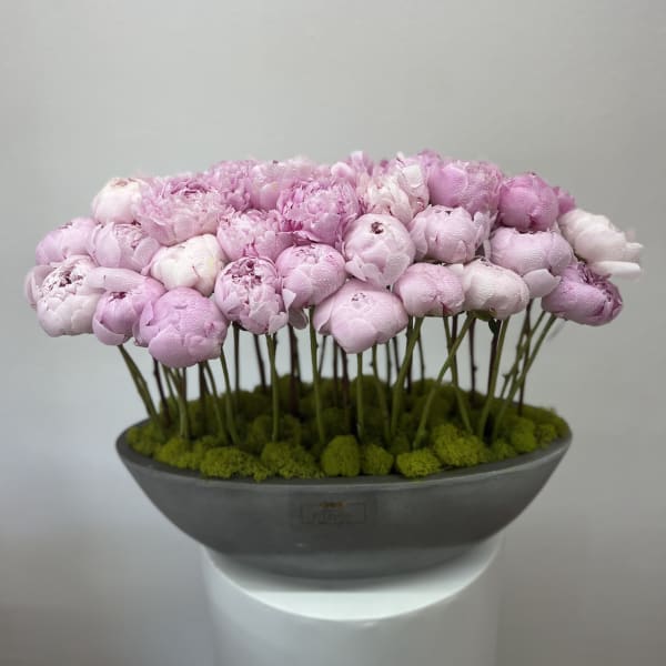 Pink peonies arranged in a shallow gray bowl