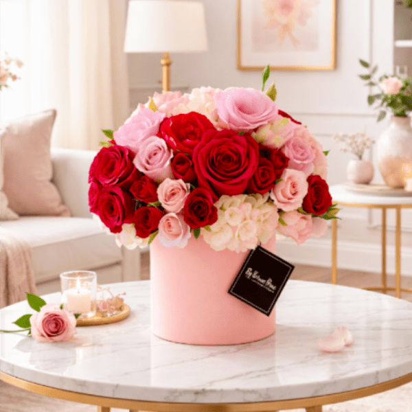 Pink and red rose arrangement in a blush cylindrical box