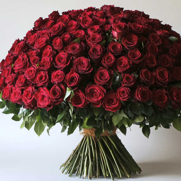 Large dome bouquet of red roses with green foliage