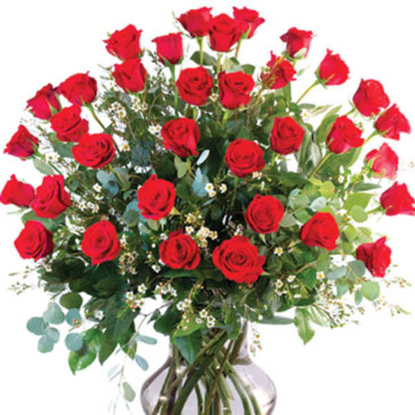 Bouquet of red roses in a clear glass vase