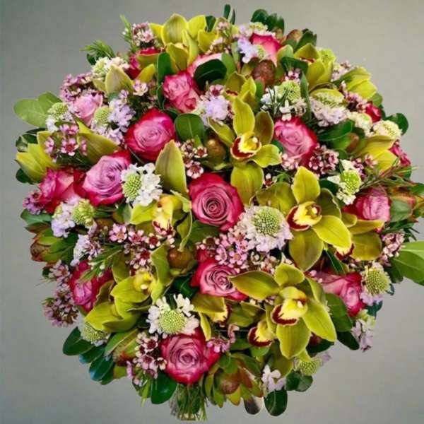 Round bouquet of pink roses and green orchids with small white flowers