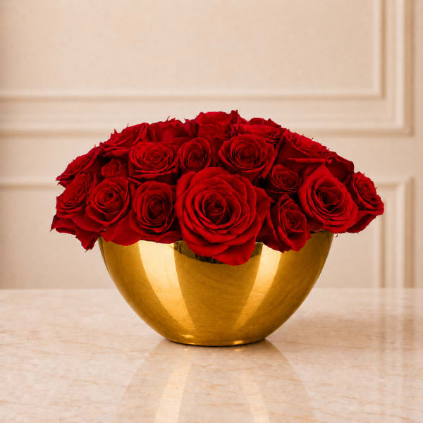 Red roses arranged in a gold bowl vase