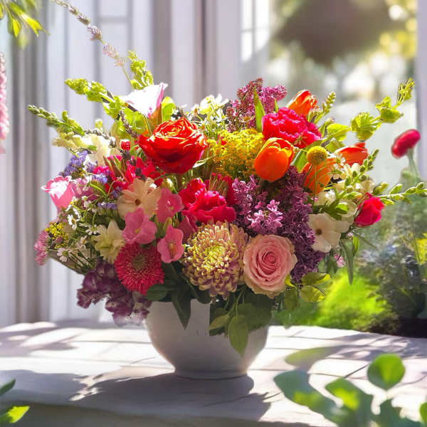 Colorful mixed flower arrangement in a white vase