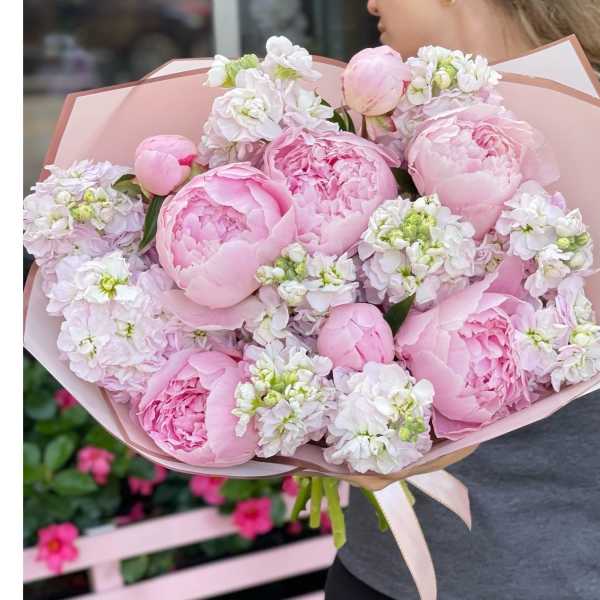 Pink peonies and white blossoms wrapped in pale pink paper