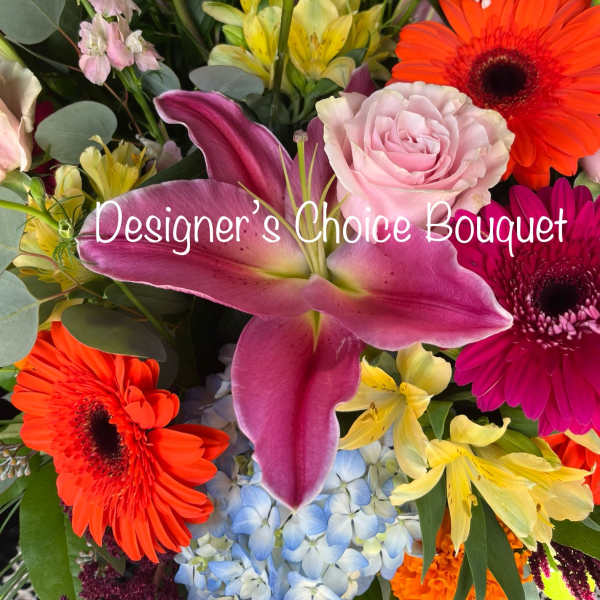 Mixed bouquet with lilies, gerbera daisies, roses, and hydrangea