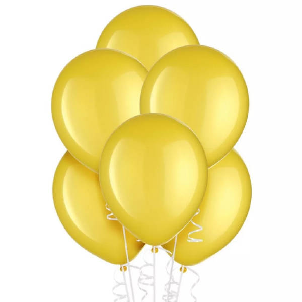 Cluster of yellow balloons with white curling ribbons
