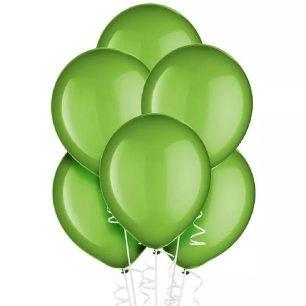 Cluster of green balloons with white curling ribbons