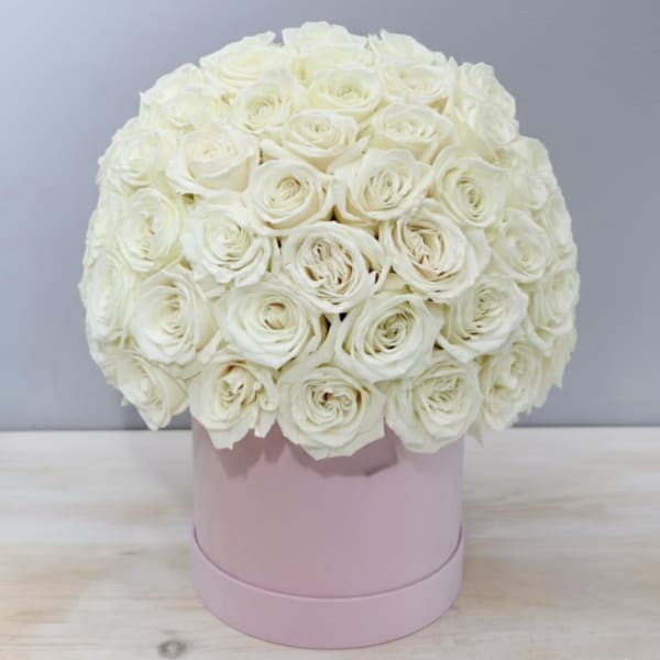 Round arrangement of ivory roses tightly packed in a pale pink hat box on a light table