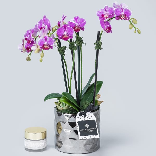 Purple orchids in a silver pot beside a small candle jar