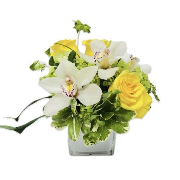 Low arrangement of white orchids and yellow roses in a clear glass cube vase