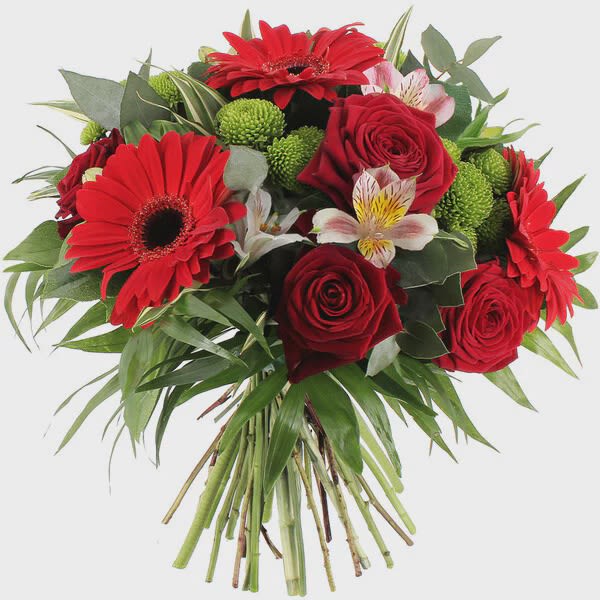 Bouquet of red roses and gerbera daisies with green accents