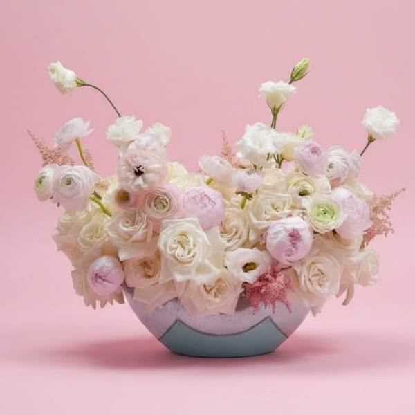 Pastel bouquet of white and pink flowers in a low decorative vase