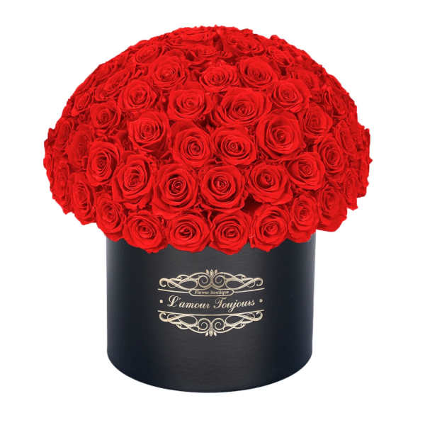 Large dome of red roses in a black hat box