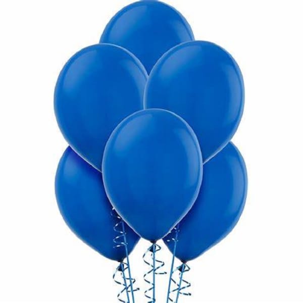 Cluster of blue balloons with curled ribbons