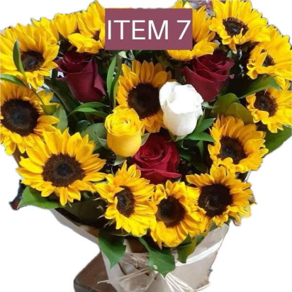 Bouquet of sunflowers and red, yellow, and white roses in white wrap